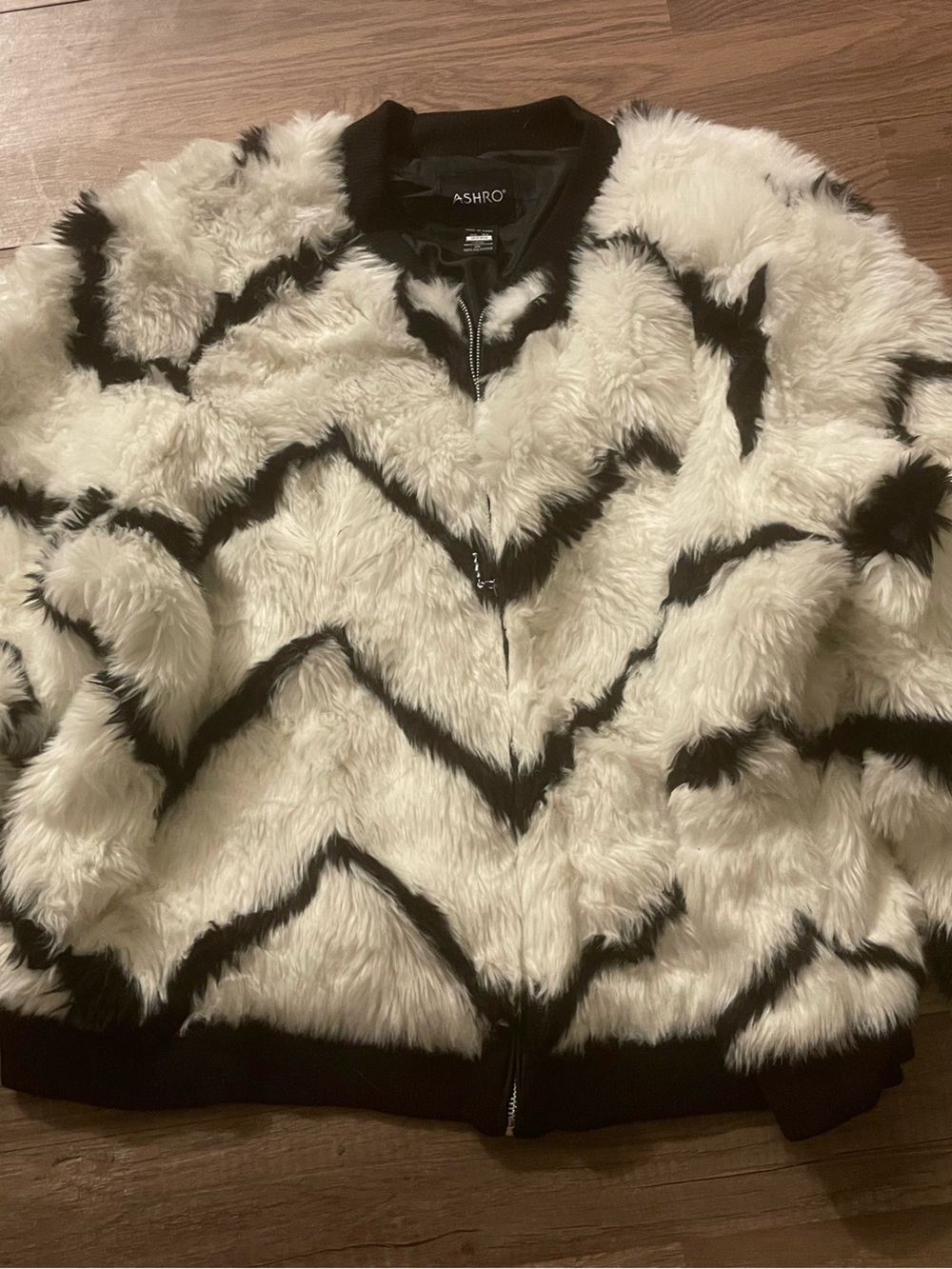 Ashro White and Black Faux Fur Chevron Bomber Jacket